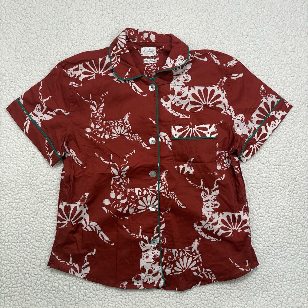 The Lazy Poet Cotton Pajama Top Size M Button Up Red Reindeer Christmas Floral
